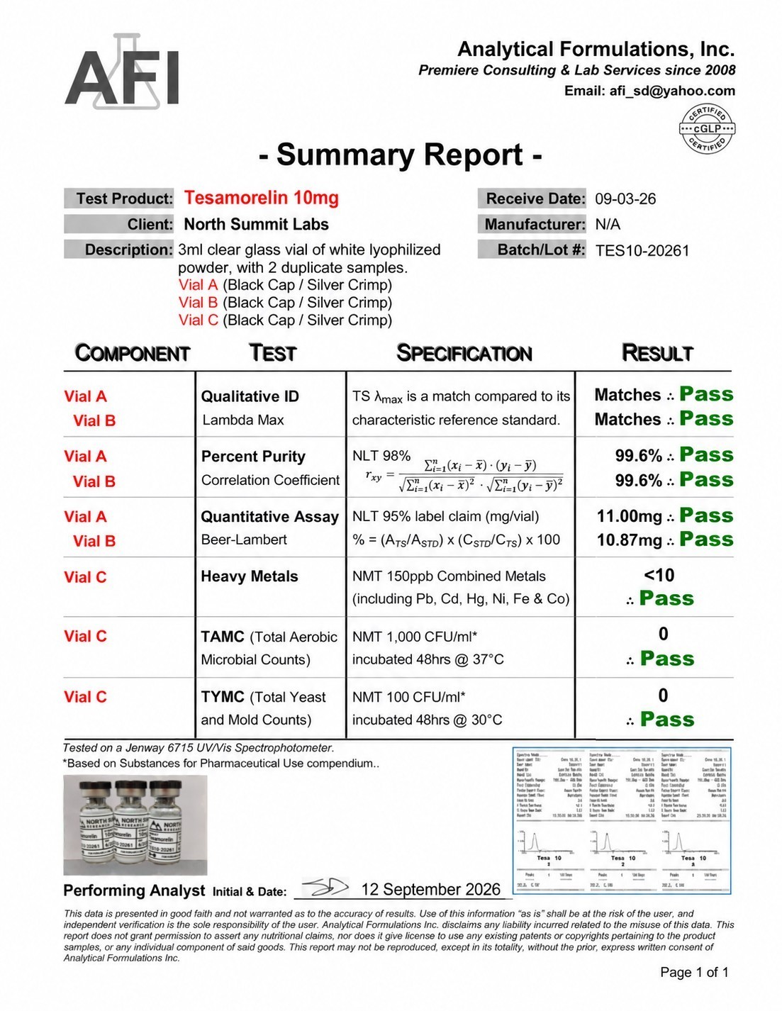 Certificate of Analysis for Tesamorelin 10mg, lot TES10-20261