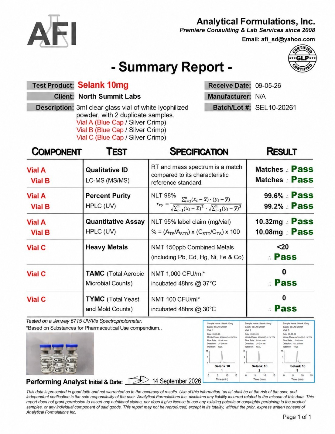 Certificate of Analysis for Selank 10mg, lot SEL10-20261