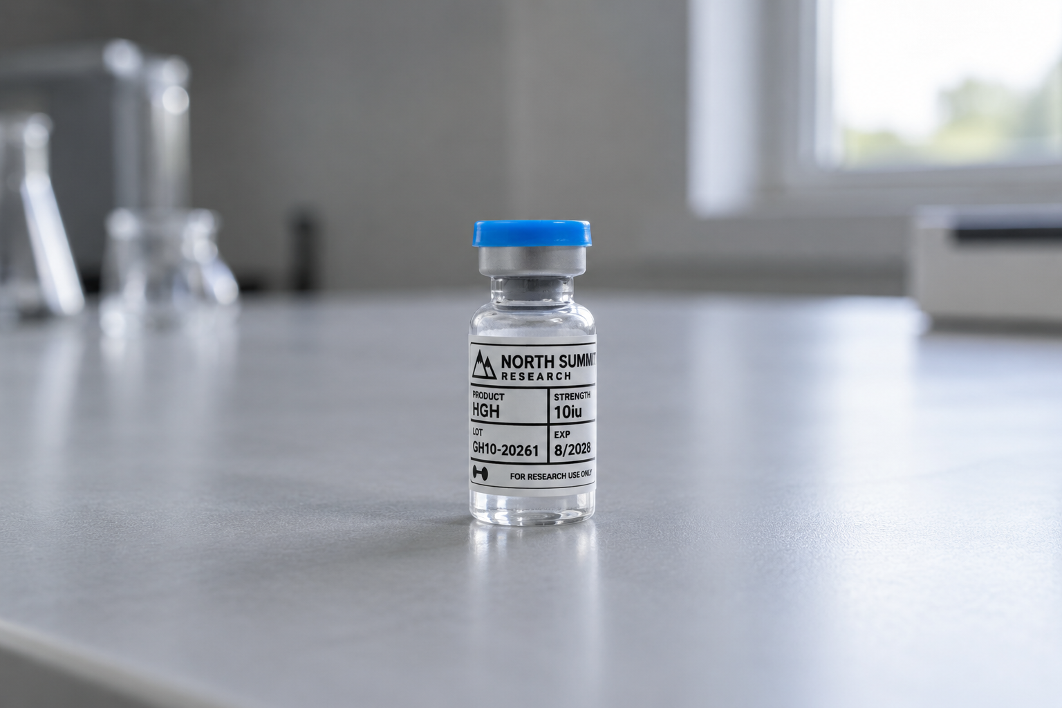 North Summit Research HGH 10iu vial with lot-specific labeling