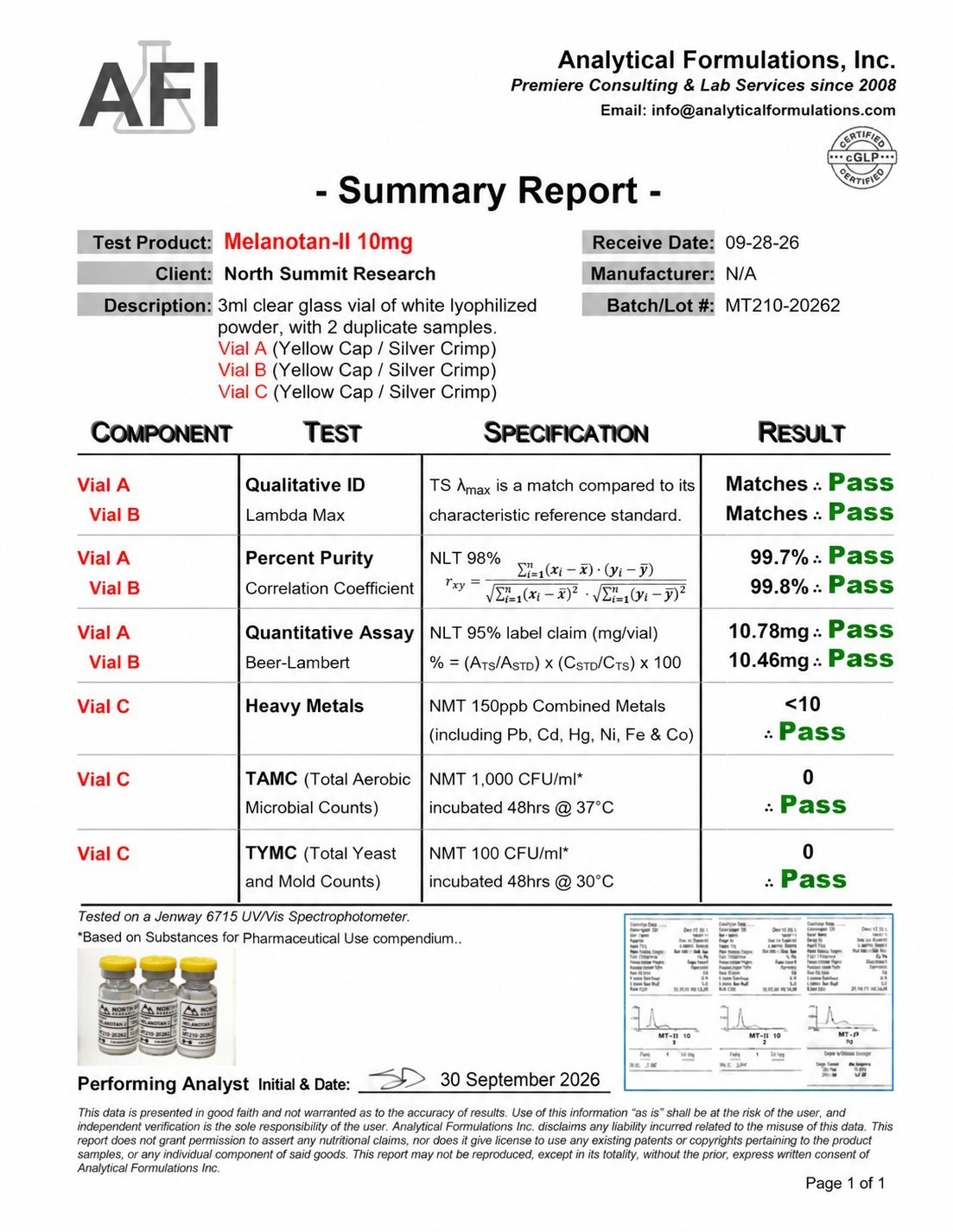COA preview — Melanotan 2 10mg, lot MT210-20262