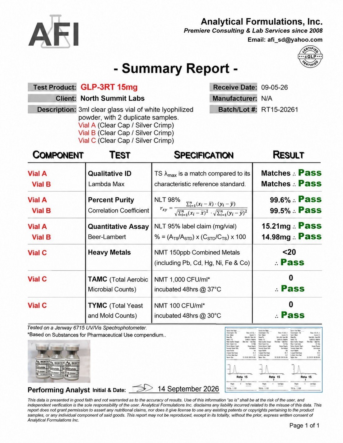 COA preview — NSL-3RT 15mg, lot RT15-20261