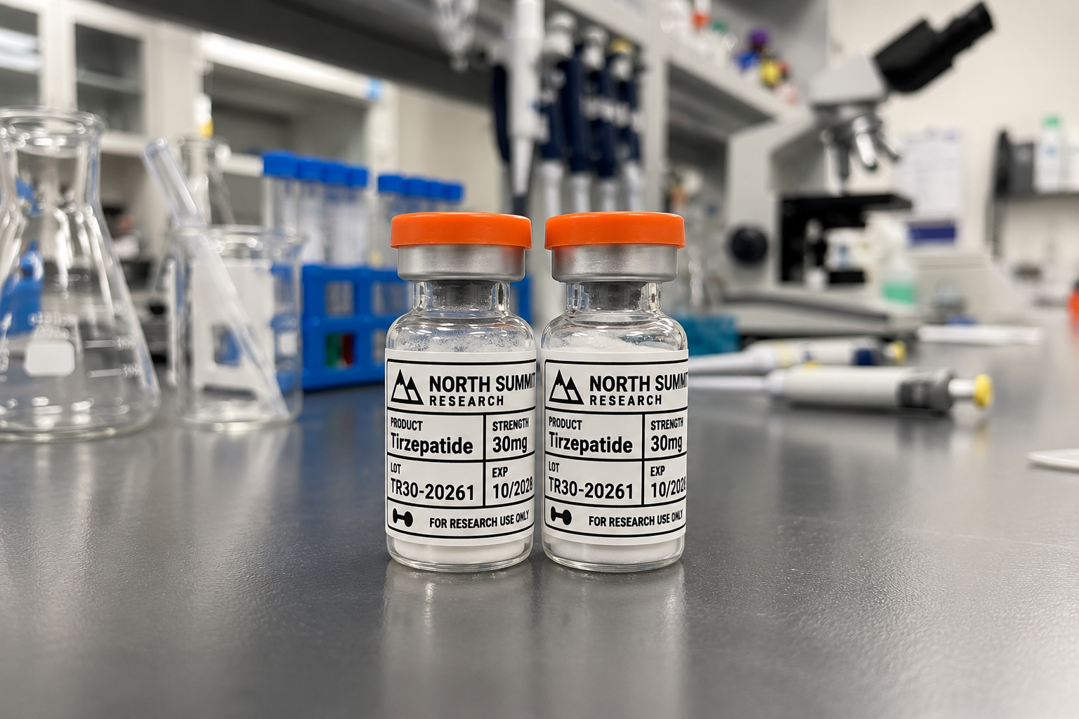 Two North Summit Research NSL-2TZ 30mg vials on a laboratory bench