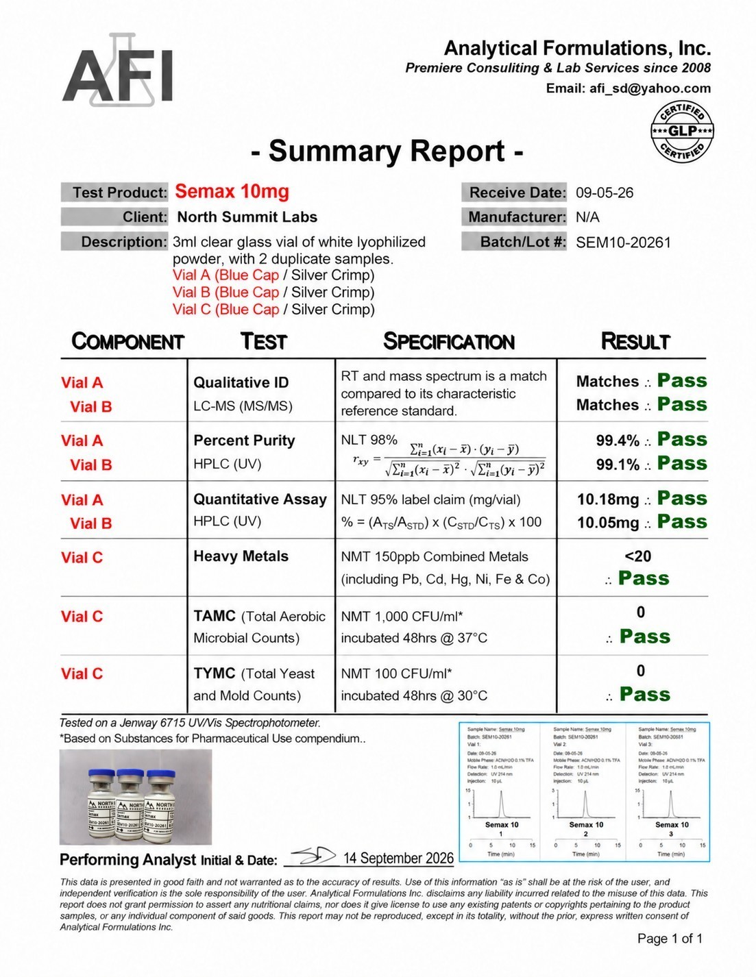 Certificate of Analysis for Semax 10mg, lot SEM10-20261