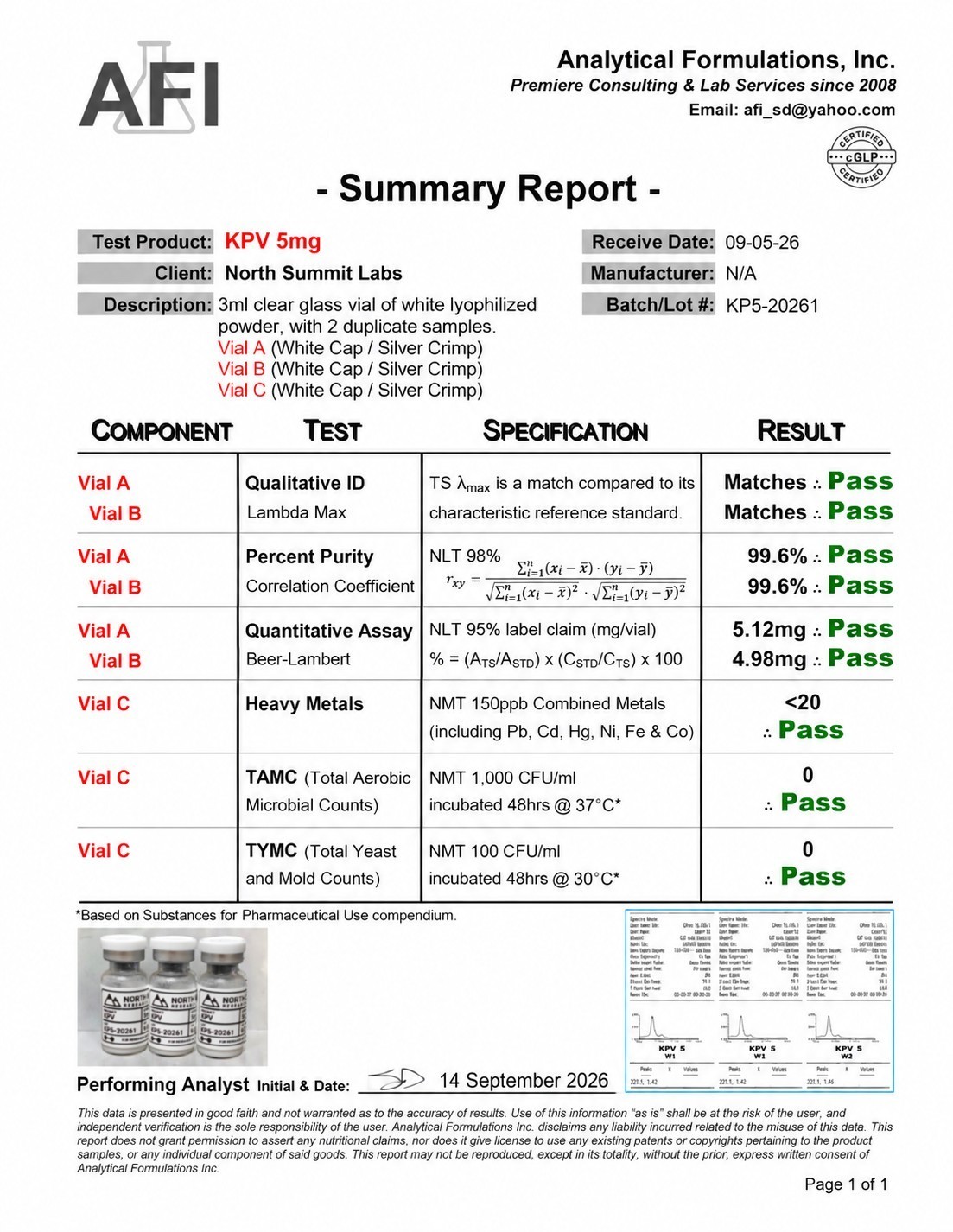 Certificate of Analysis for KPV 5mg, lot KP5-20261