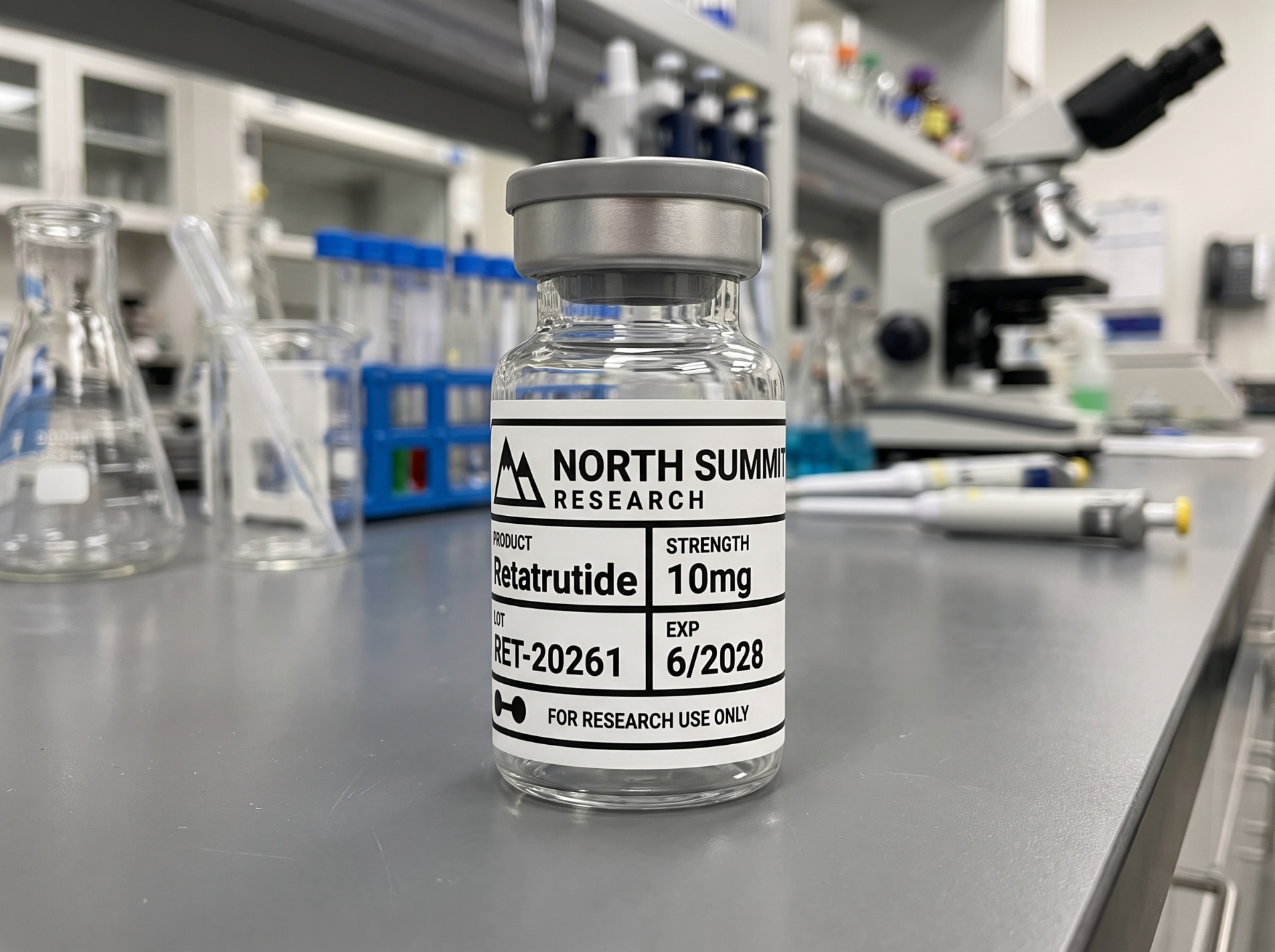 North Summit Research vial and shipping carton on a laboratory bench